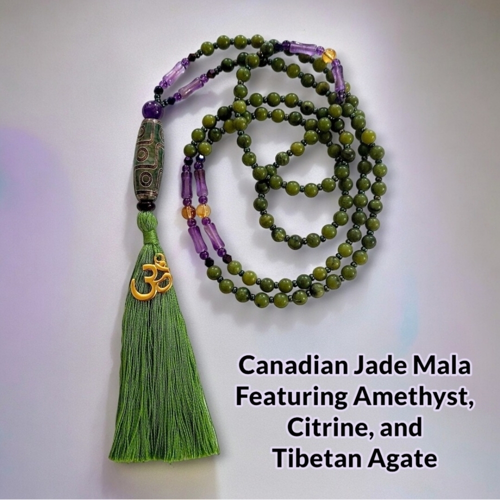 Handmade Canadian Jade Amethyst and Citrine 108 Gemstone Bead Mala Necklace